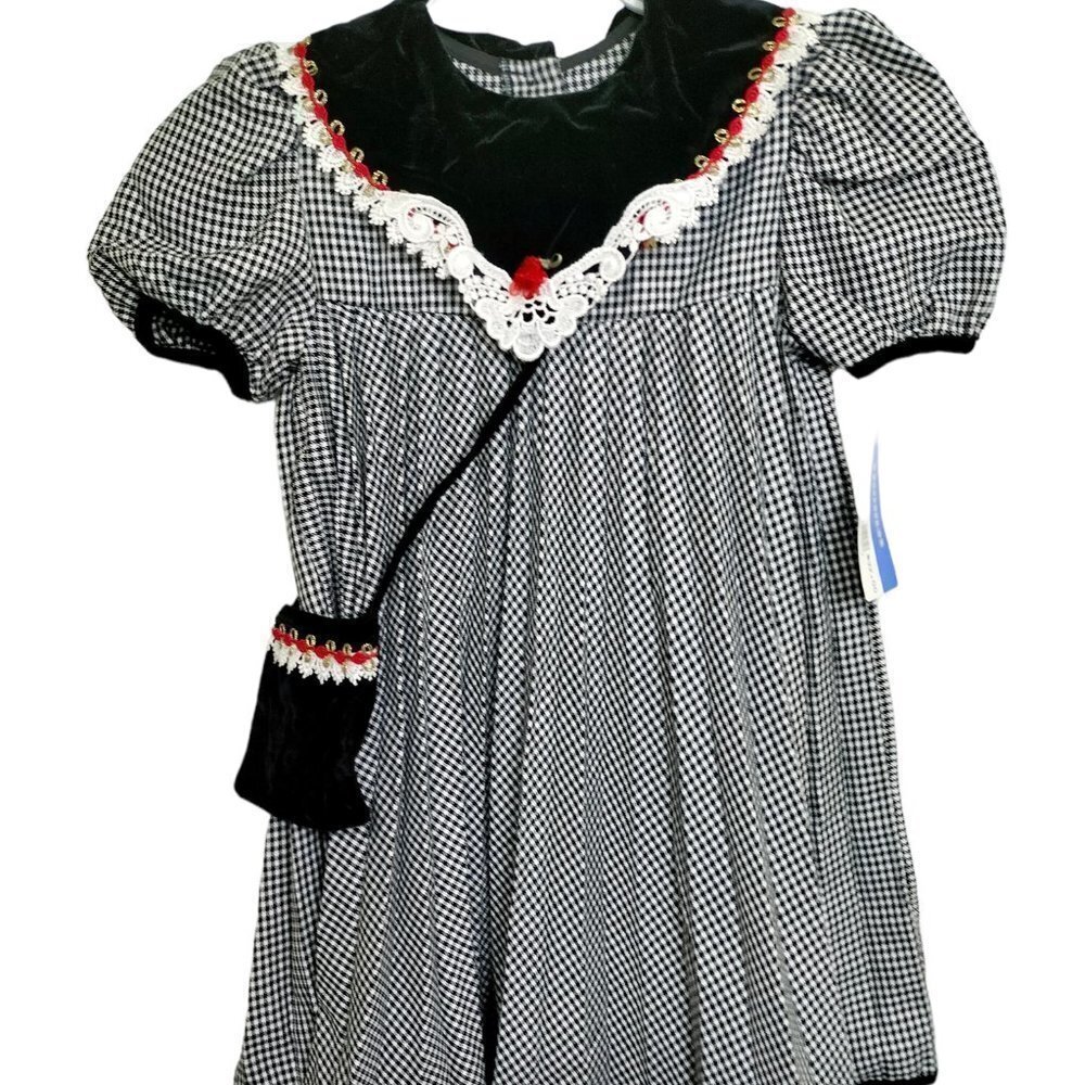 (641)Vintage Thomas Girl Black & White Plaid Pleated Velvet Collar Dress Size 6X